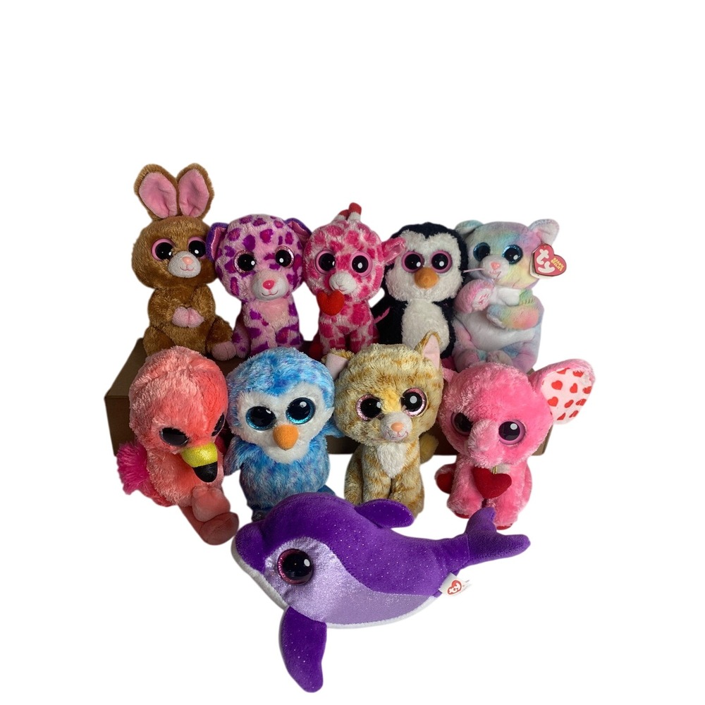 Ty Beanie Boos Lot of 10 Plush Animals Glitter‎ Eyes Dolphin + Moore Preloved